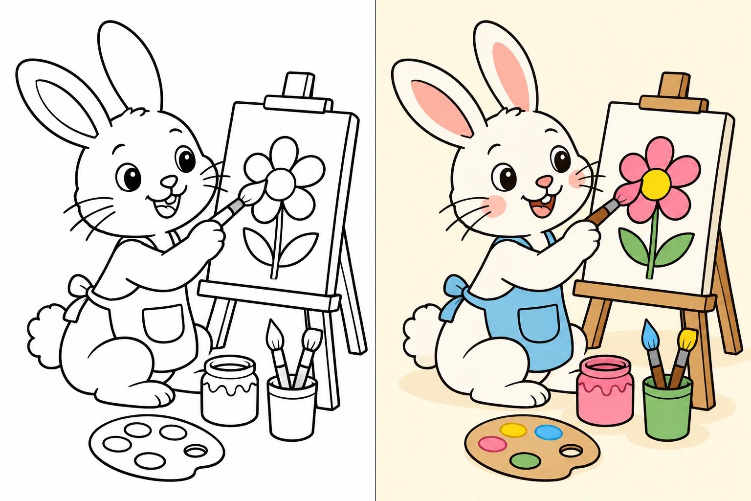activities: uncolored drawing on the left, colored illustration on the right