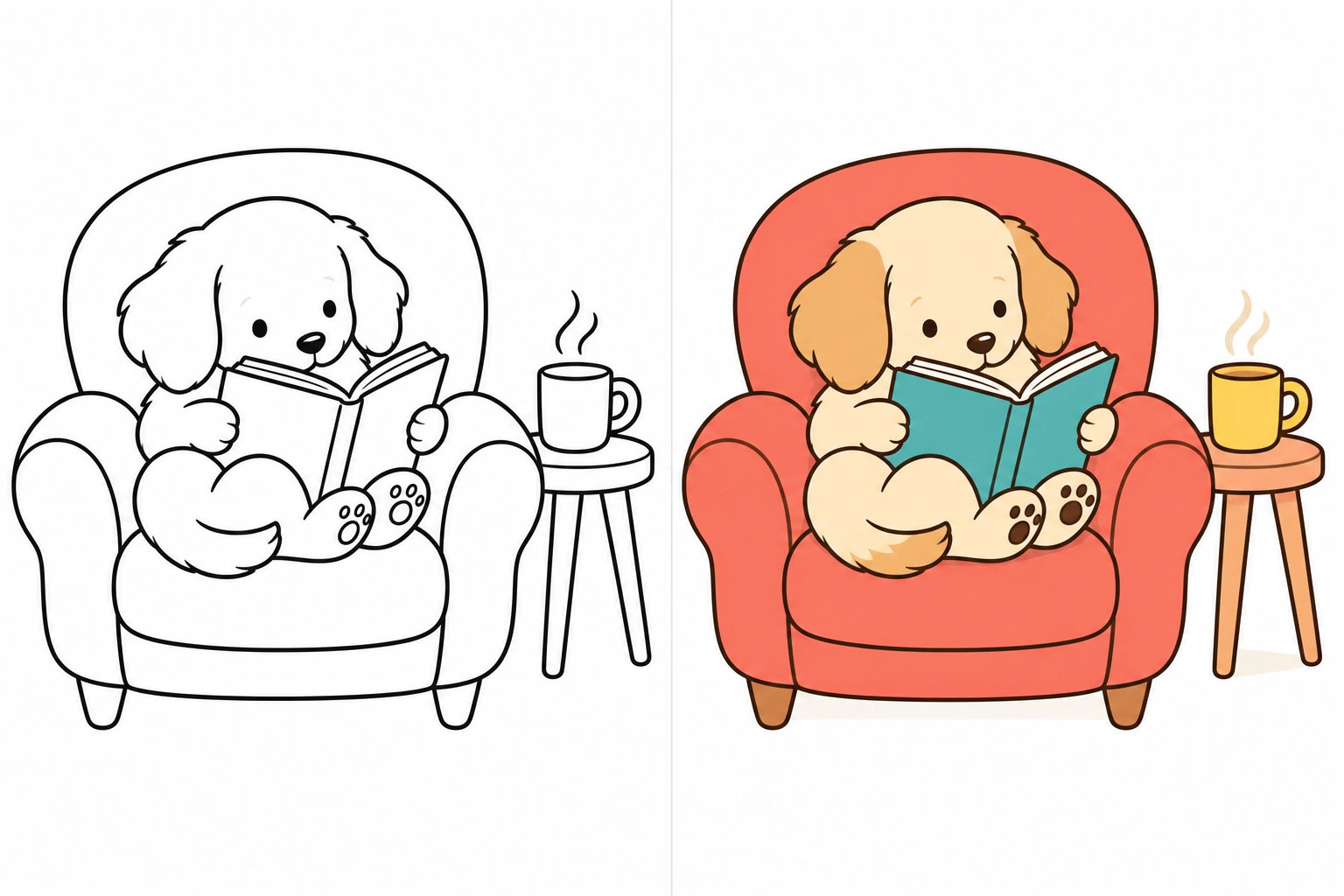 Cozy: uncolored drawing on the left, colored illustration on the right