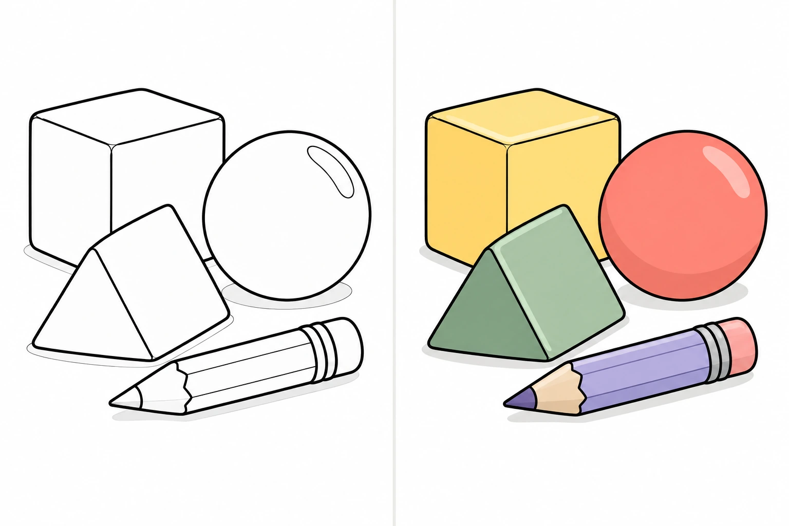 Educational: uncolored drawing on the left, colored illustration on the right
