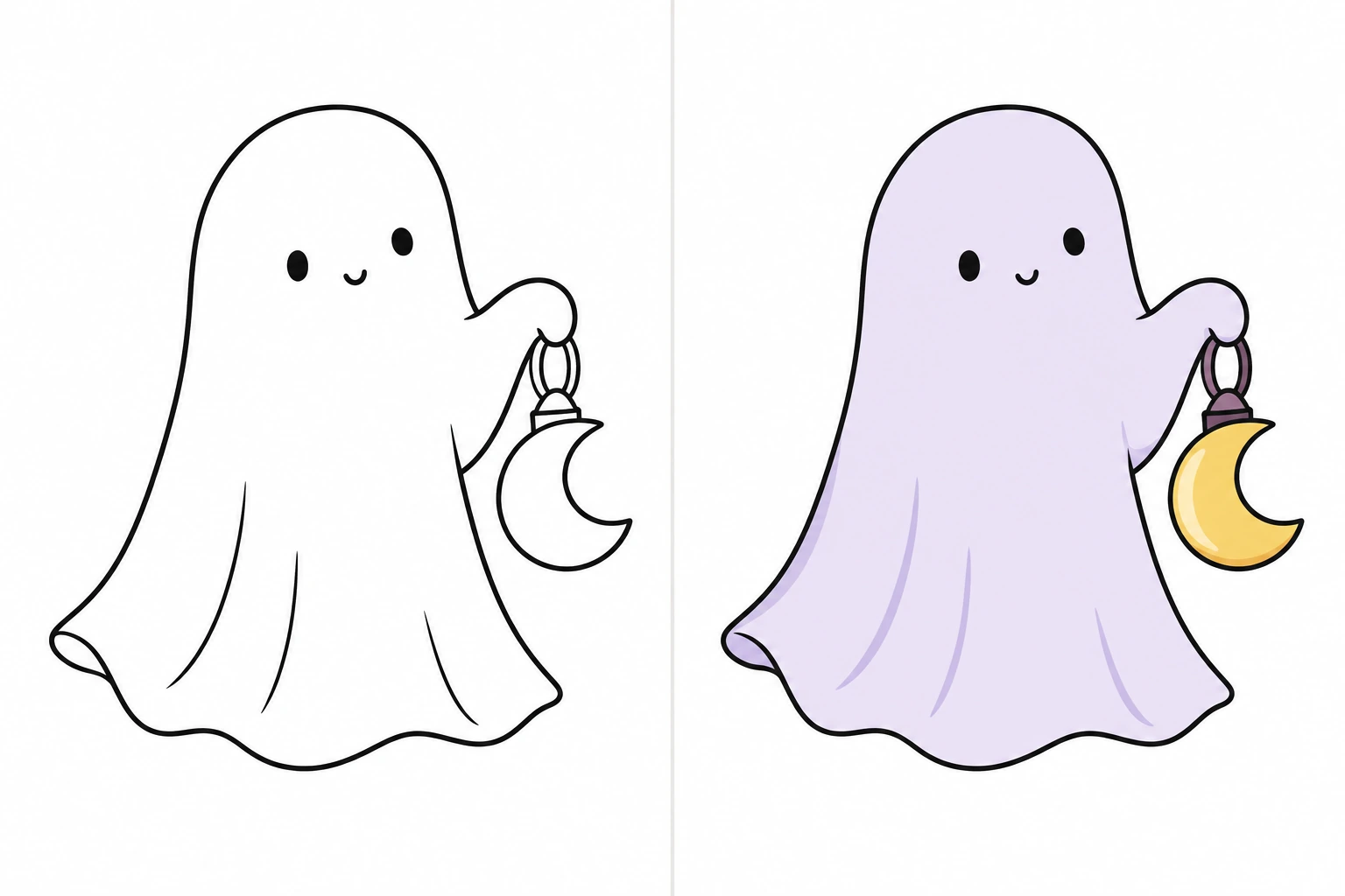 Fantasy: uncolored drawing on the left, colored illustration on the right