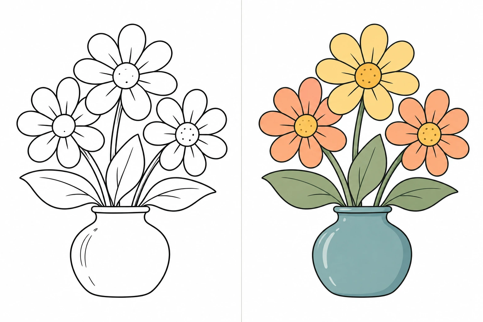 Flowers: uncolored drawing on the left, colored illustration on the right