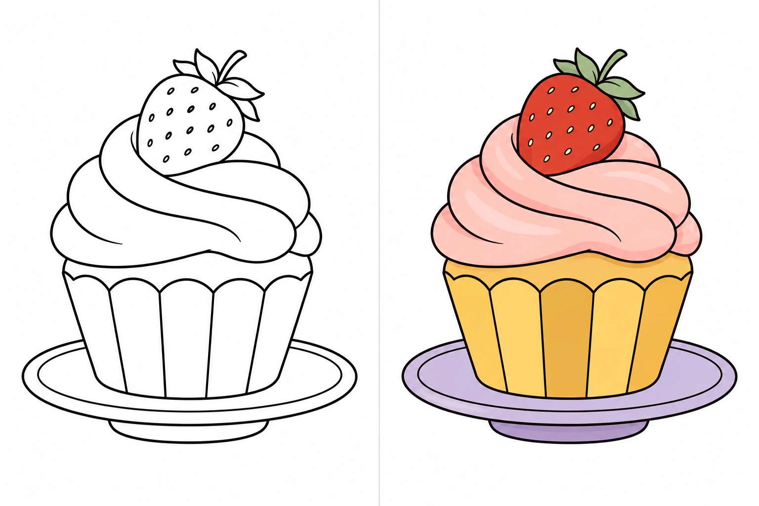 Food: uncolored drawing on the left, colored illustration on the right