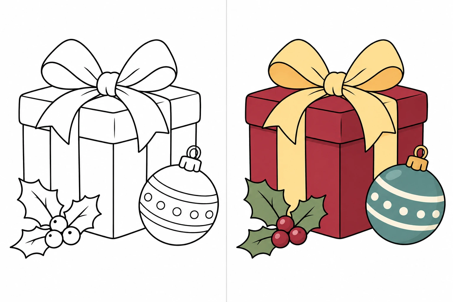 Holidays: uncolored drawing on the left, colored illustration on the right