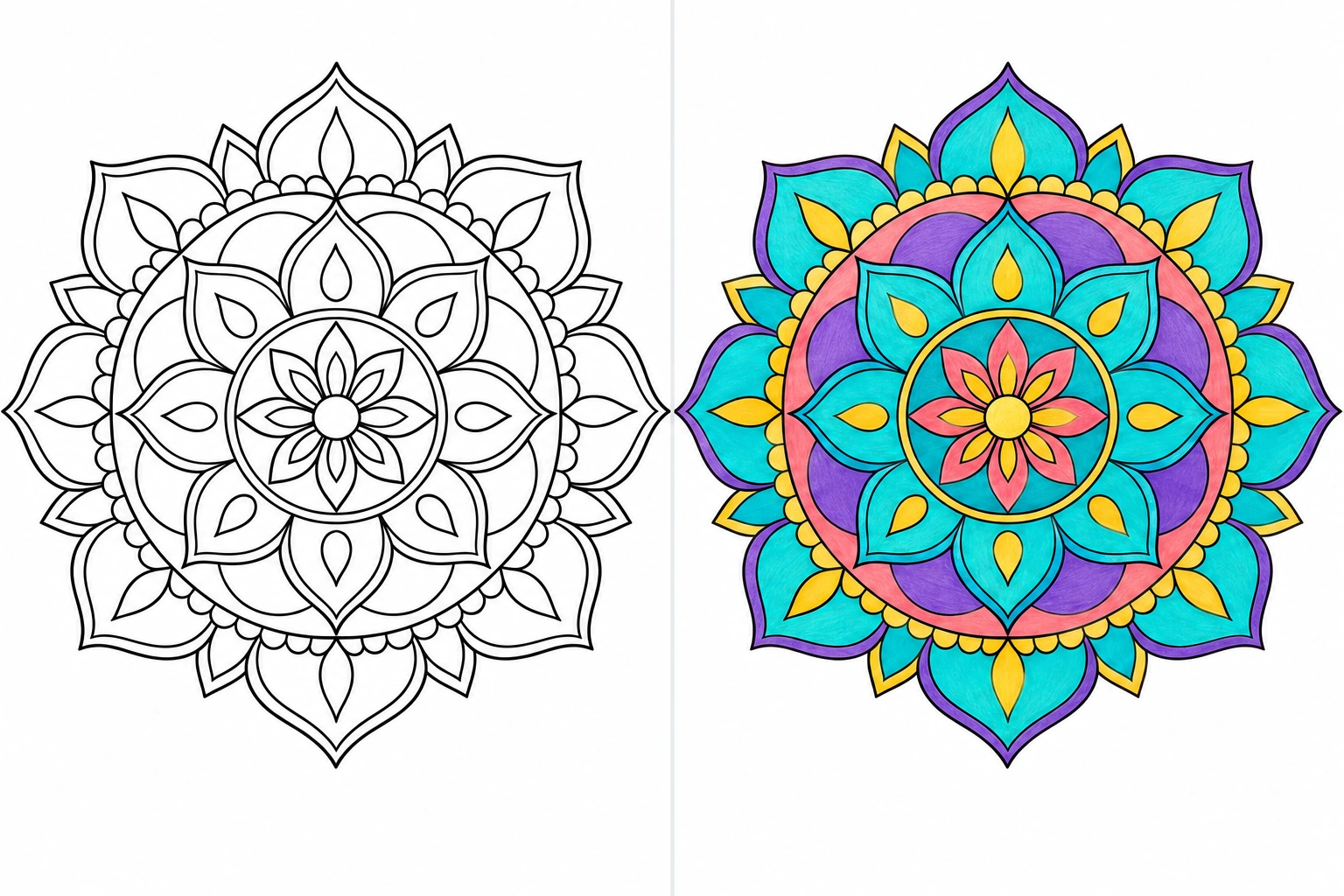 Mandalas: uncolored drawing on the left, colored illustration on the right