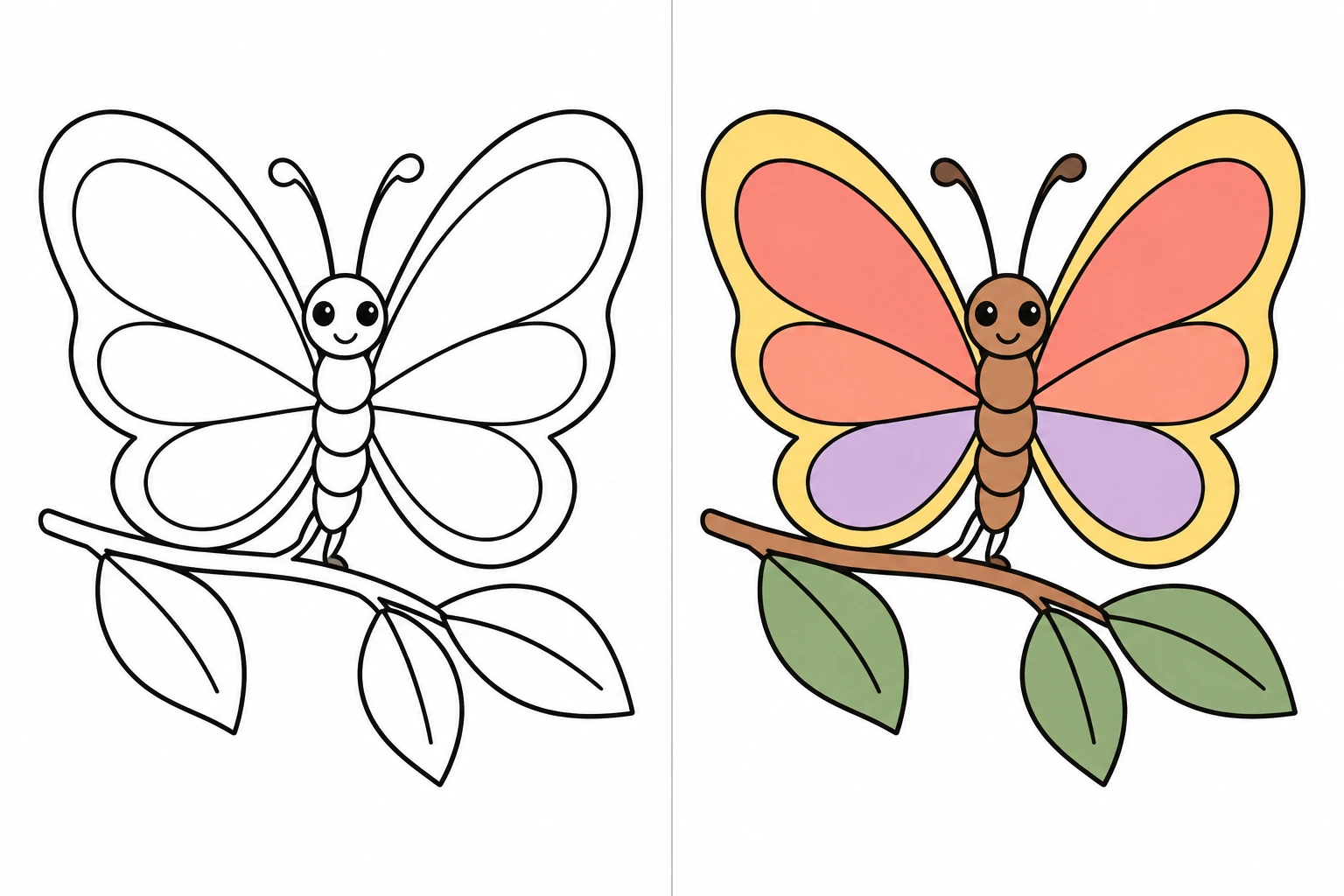 Nature: uncolored drawing on the left, colored illustration on the right