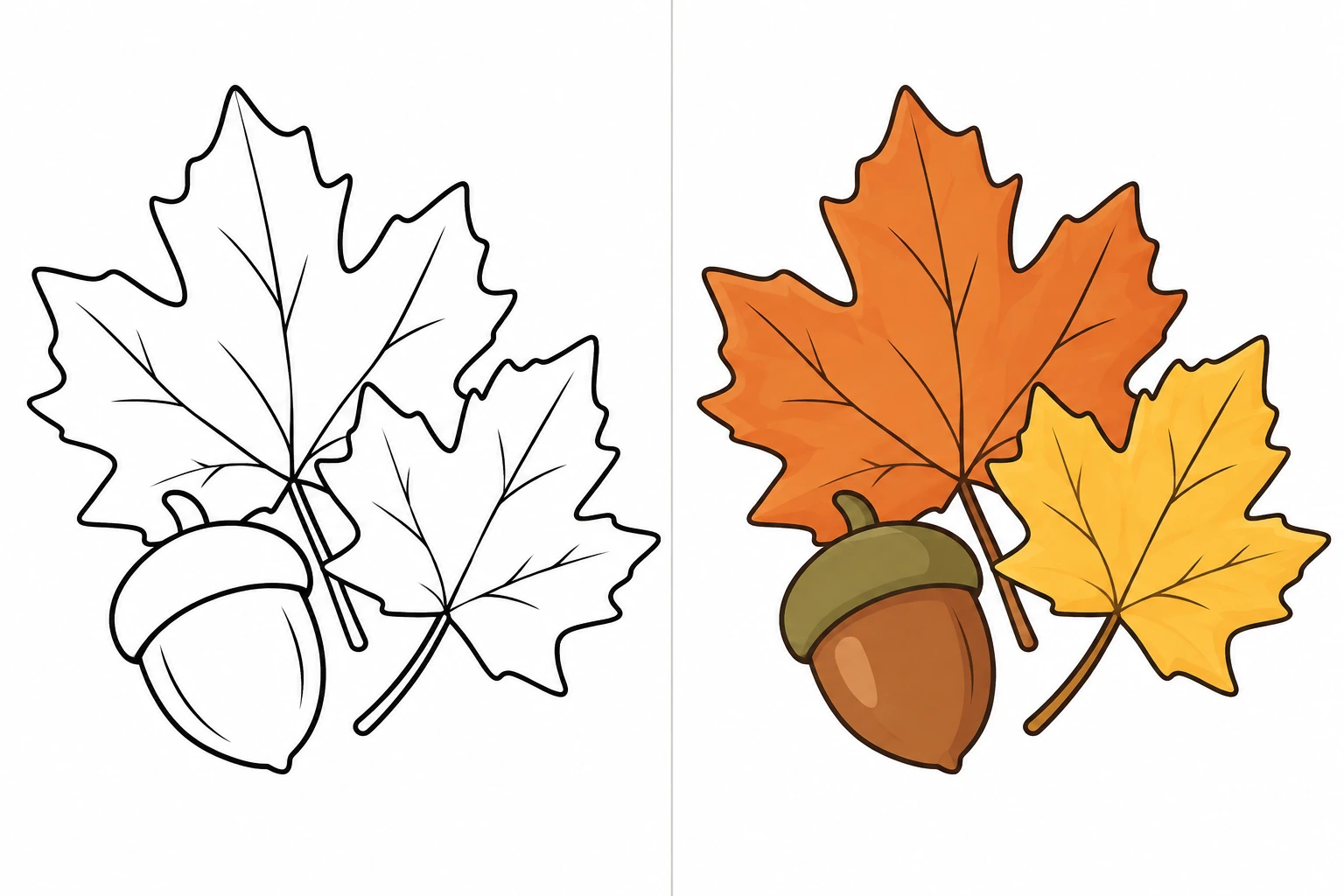 Seasonal: uncolored drawing on the left, colored illustration on the right
