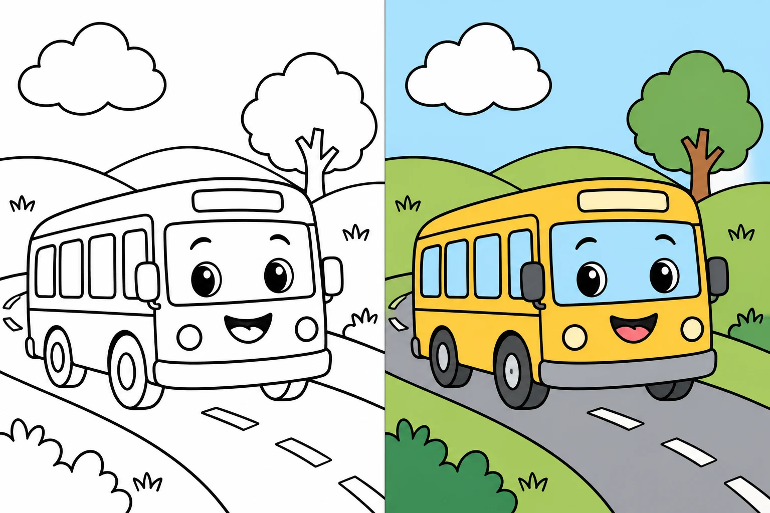 vehicles: uncolored drawing on the left, colored illustration on the right