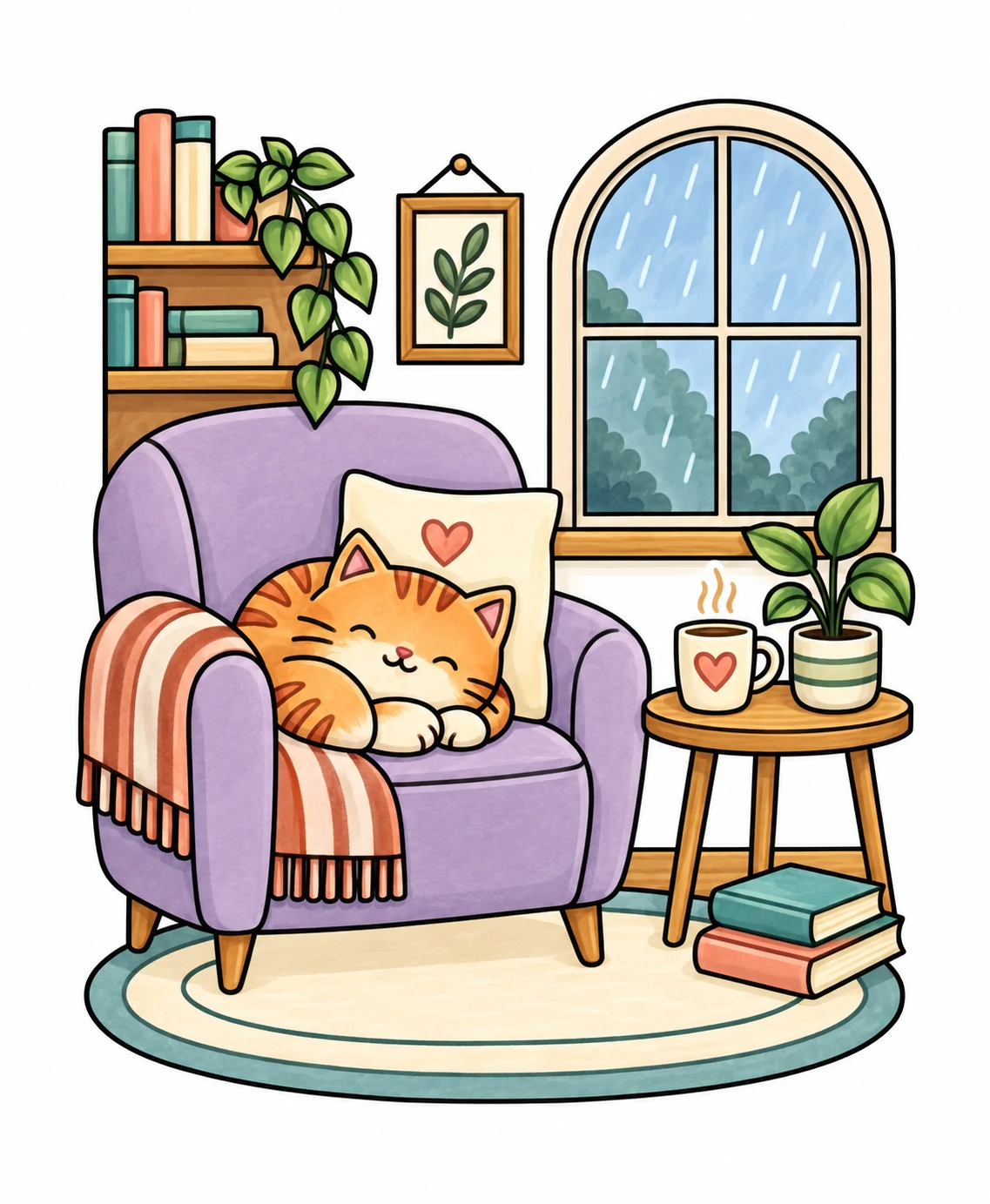 A ginger cat in a lavender armchair, colored in warm cozy tones