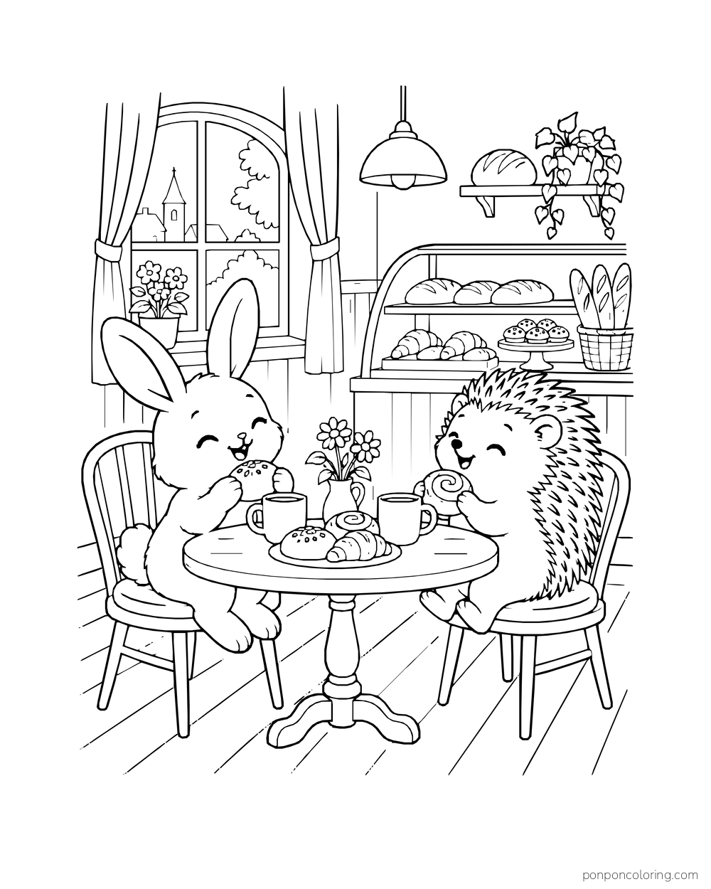 A rabbit and hedgehog share rolls and mugs at a round bakery café table.
