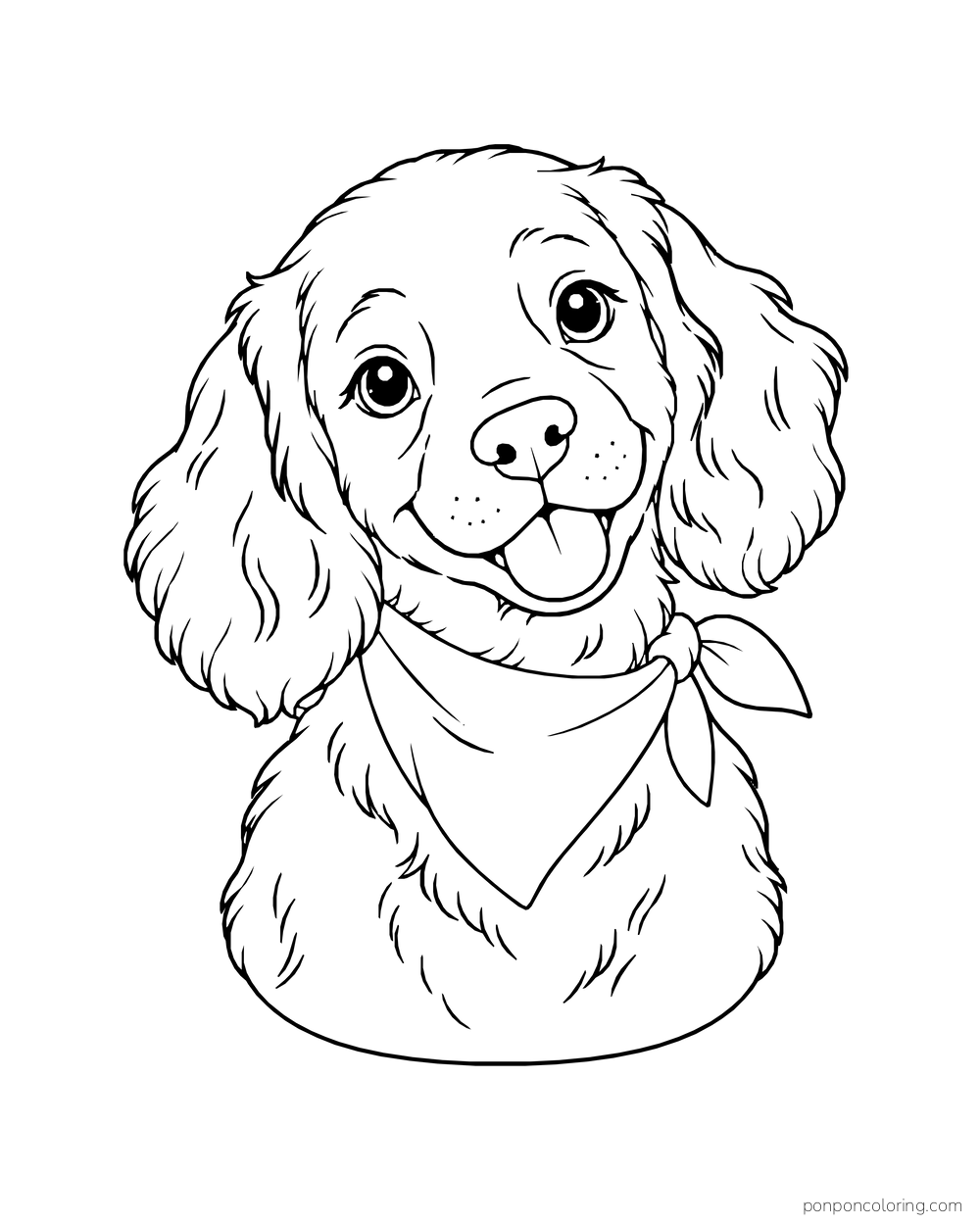 A friendly floppy-eared puppy portrait wears a tied triangular bandana.