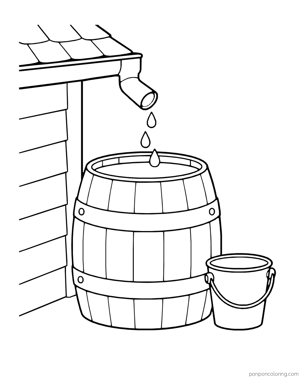 Rainwater drips from a gutter into a barrel beside a small bucket.