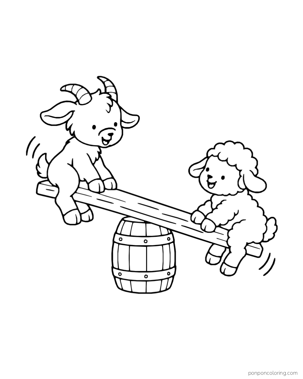 A goat and sheep balance on a plank laid across a barrel.