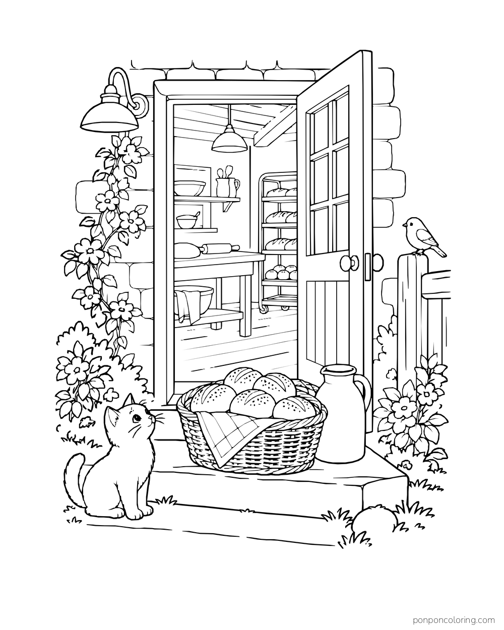 A basket of rolls rests beside the open back door of a bakery with a cat nearby.