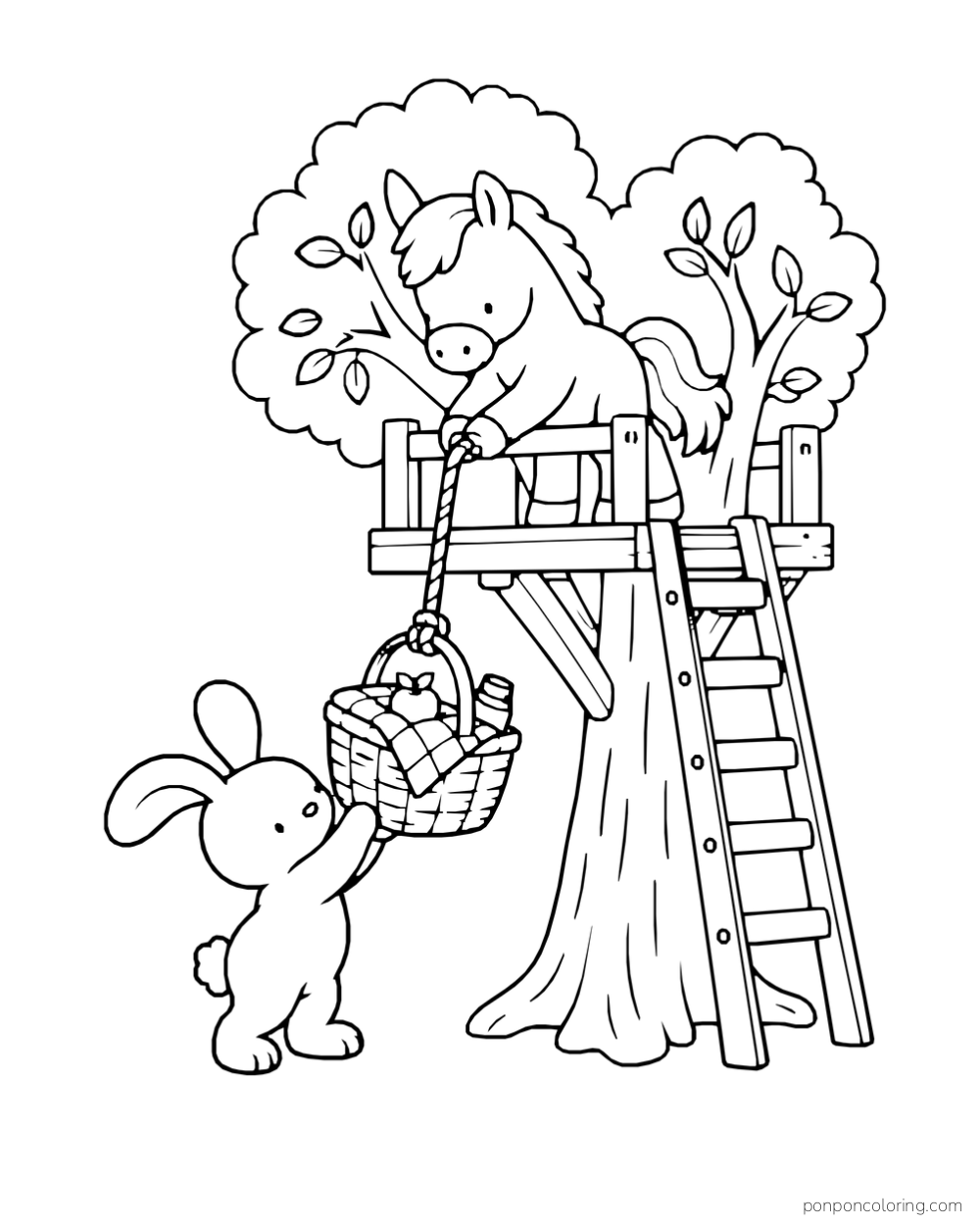 A pony lifts a picnic basket on a rope while a rabbit steadies it from below.