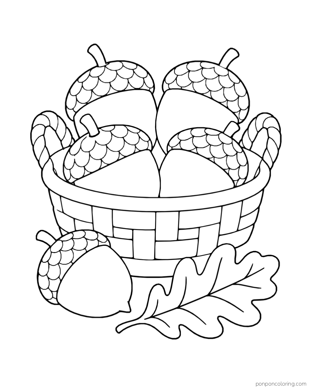 Four acorns in a woven basket, with another acorn and a large oak leaf in front.