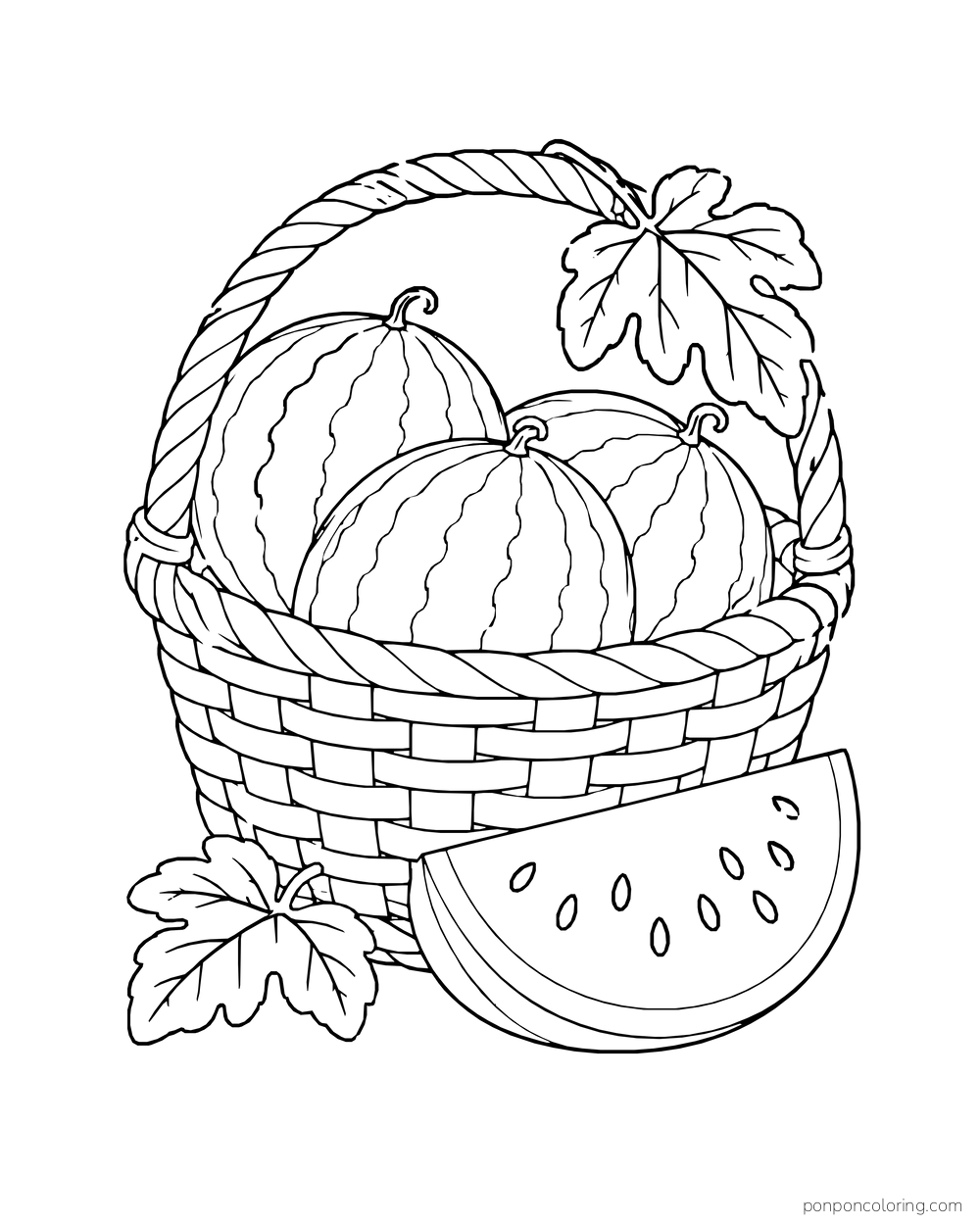 Three small striped watermelons in a woven basket with a broad leaf and a cut wedge.