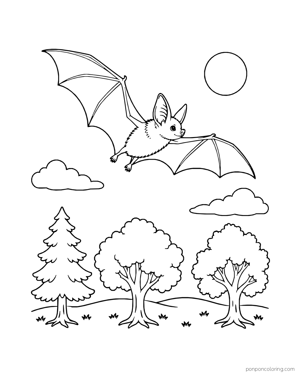 A bat glides above three different trees with two clouds and a round moon overhead.