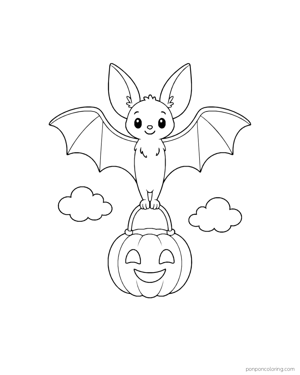 A smiling bat spreads its wings and grips a pumpkin lantern between two clouds.