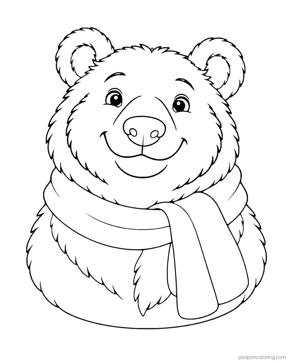 A close portrait shows a smiling bear's face and upper chest wrapped in a simple scarf.