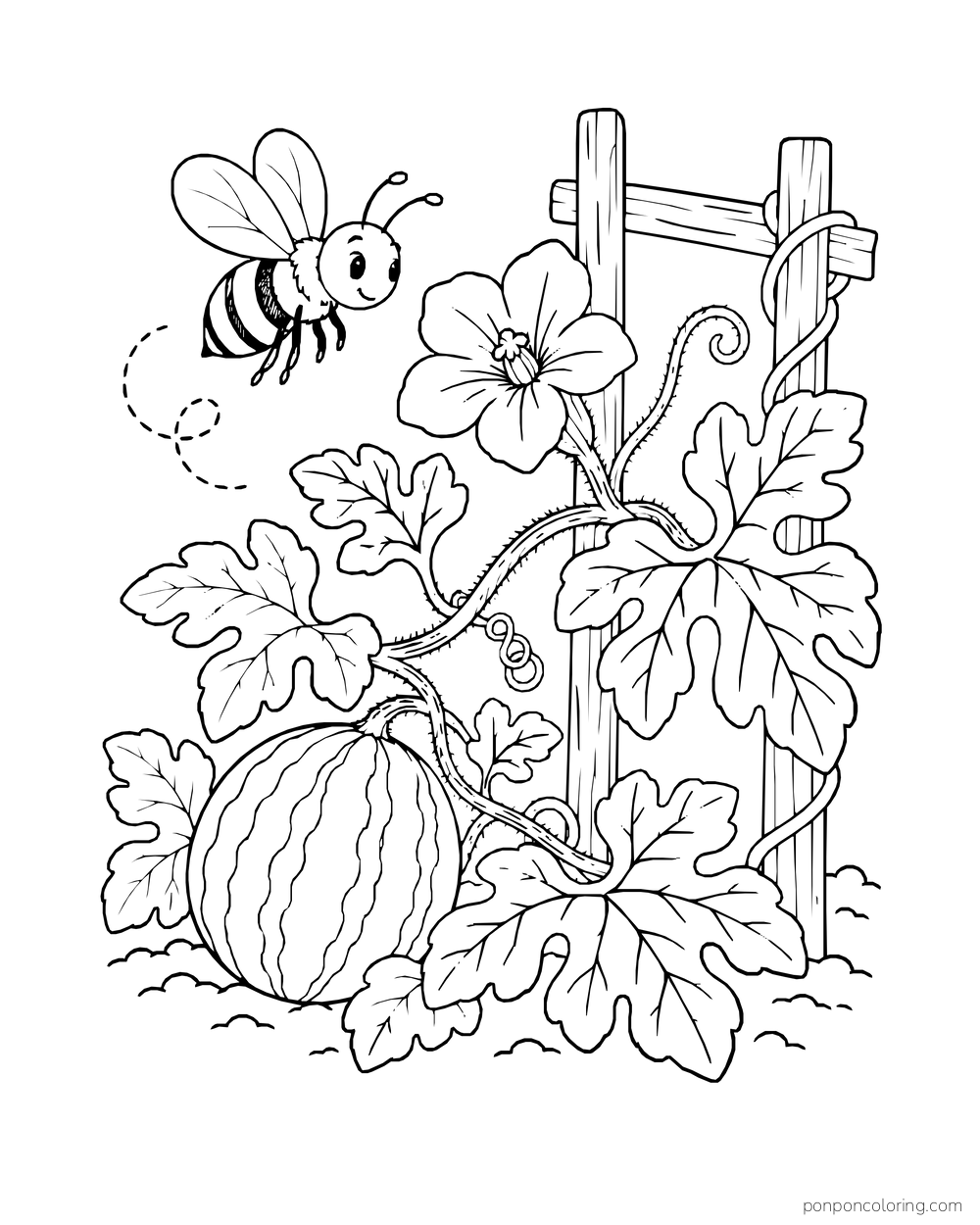 A smiling bee near a watermelon blossom and a striped melon growing along a trellis.