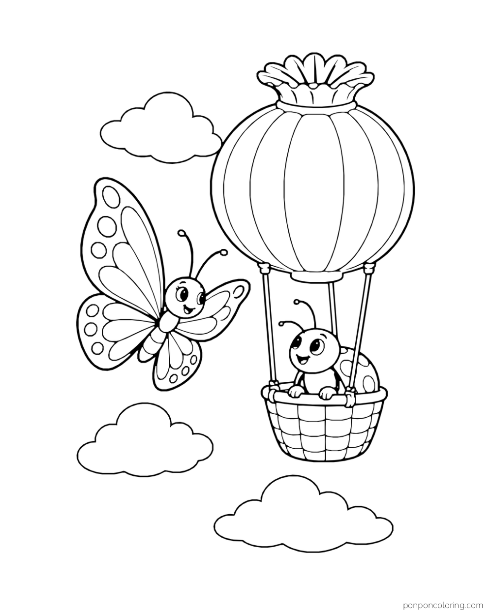 A butterfly flies beside a round pod balloon carrying a beetle in its hanging basket.