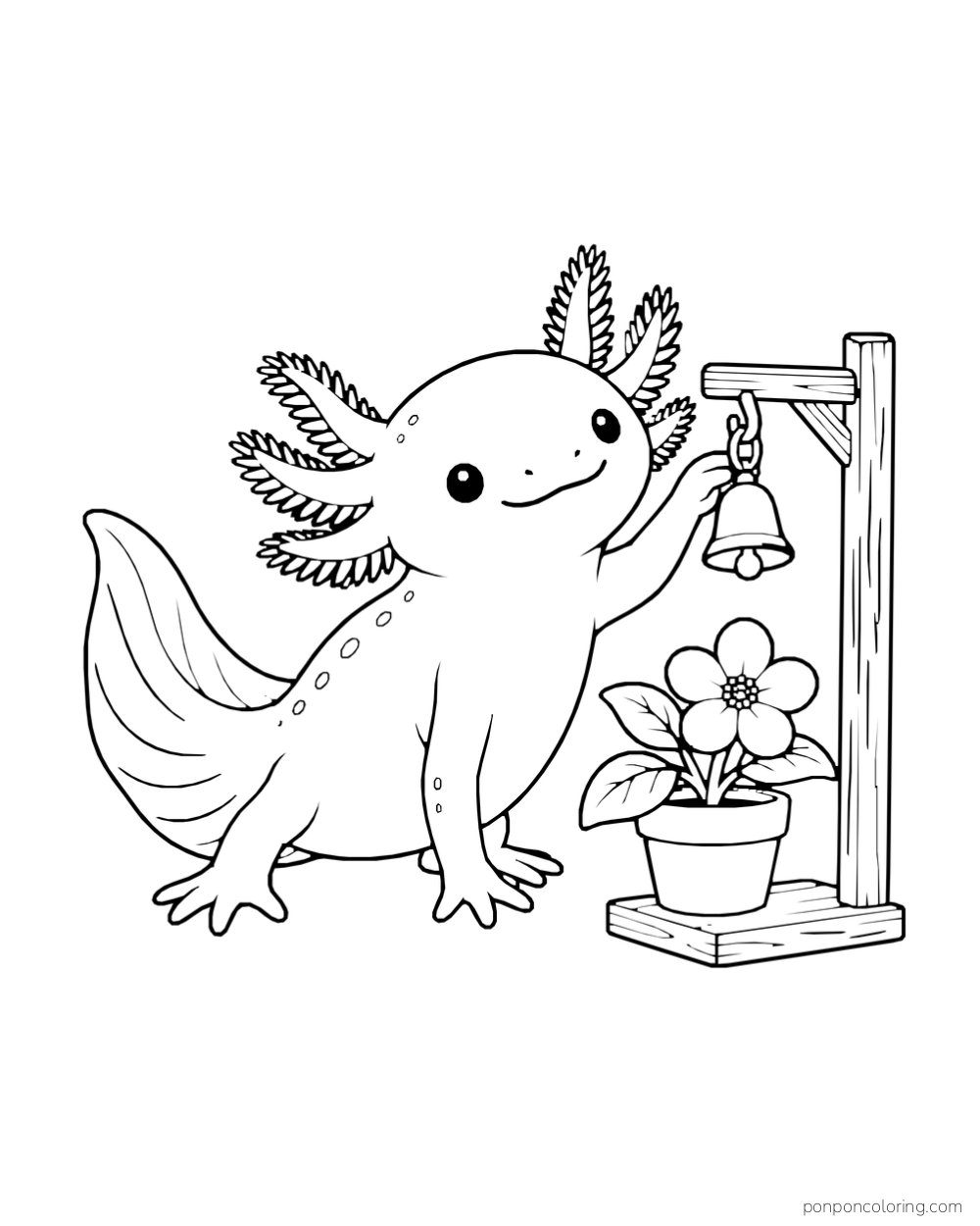 Axolotl touching a small bell hanging from a stand beside a potted flower.