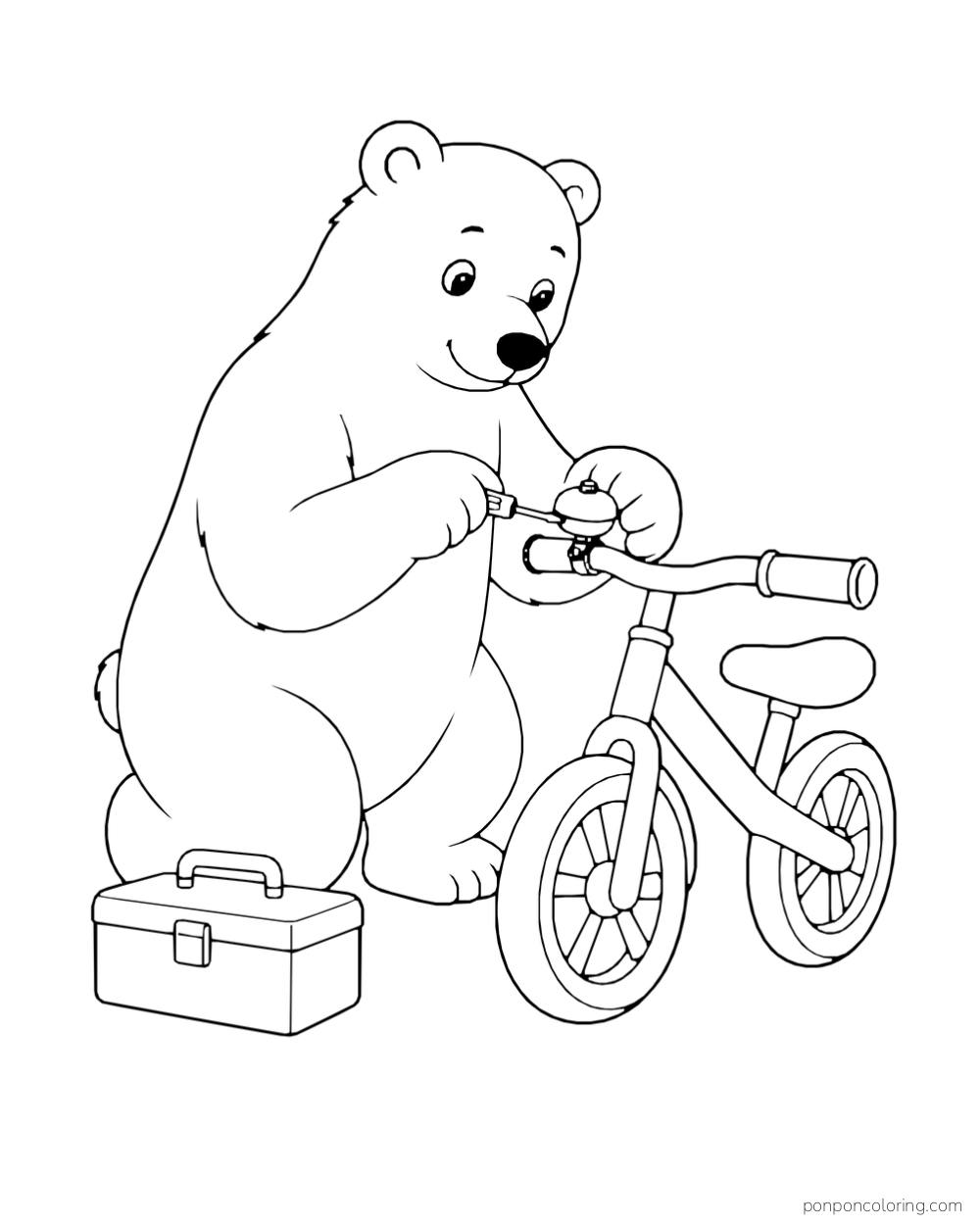 A polar bear checks the bell on a bicycle.