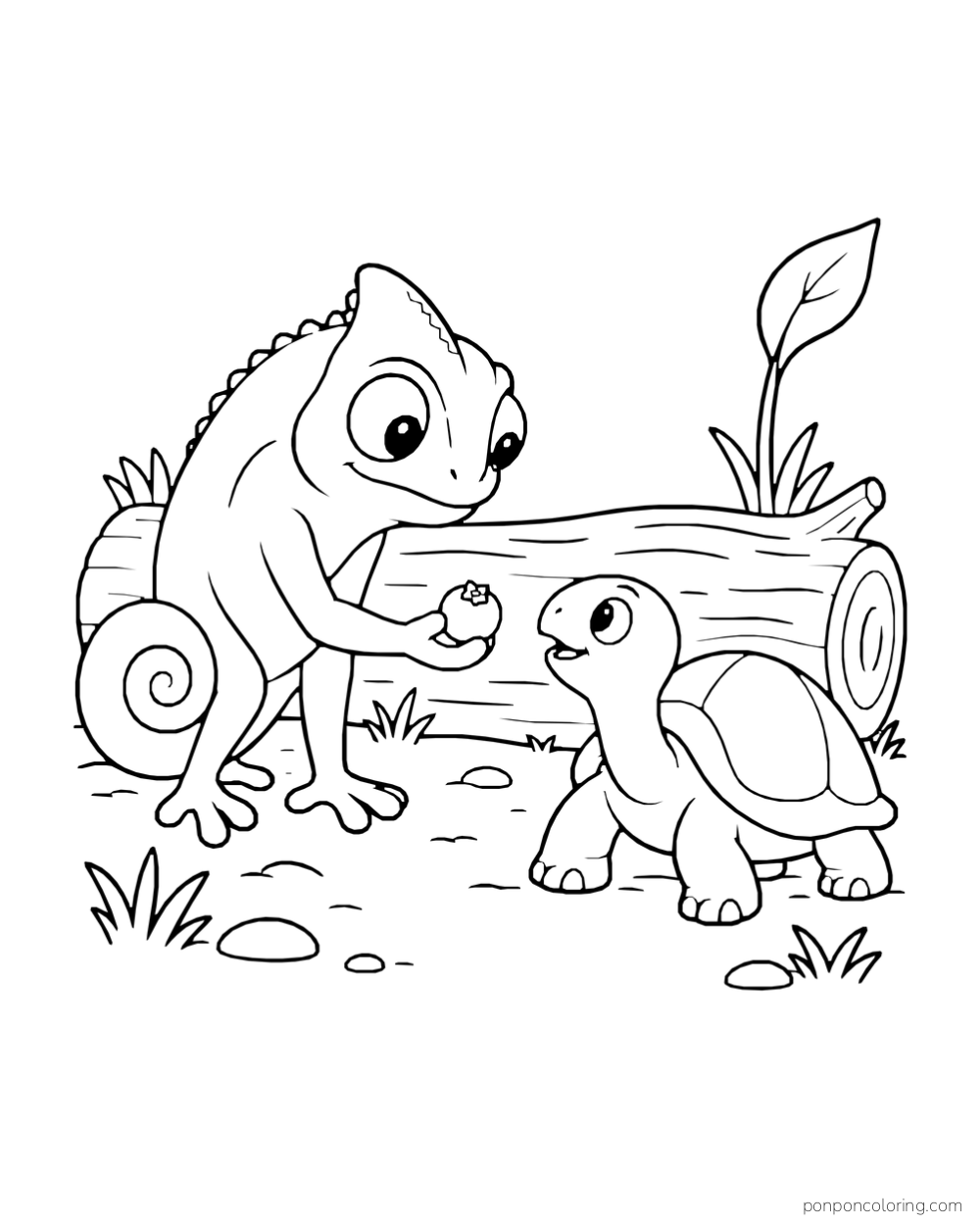 A chameleon holds a berry toward a tortoise beside a short fallen log.
