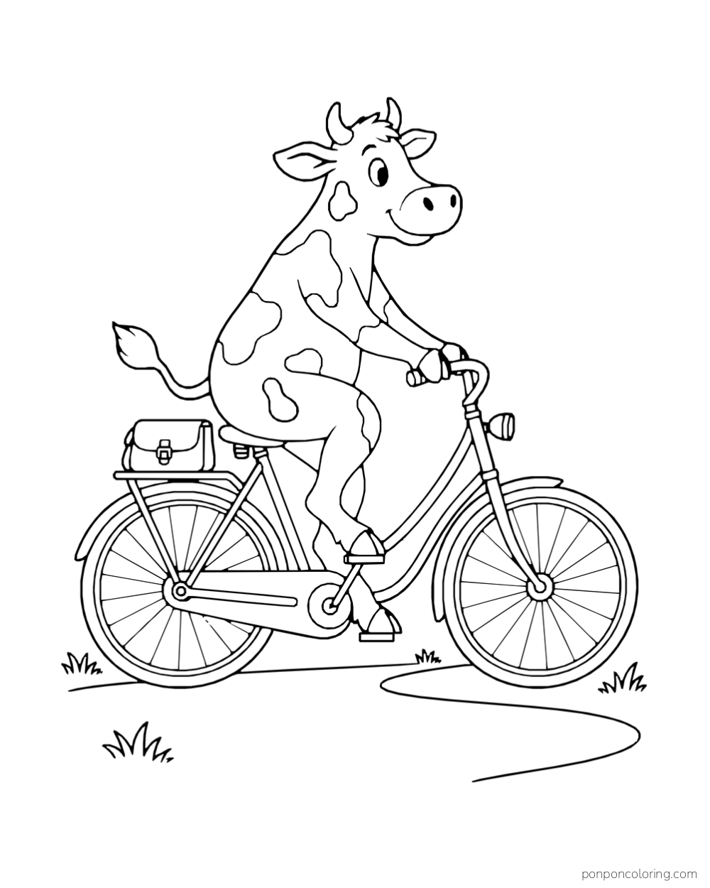 A cow pedals a bicycle along a curving path.