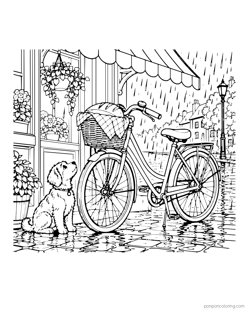 A bicycle with a basket of bread stands beside a waiting dog beneath a rainy awning.