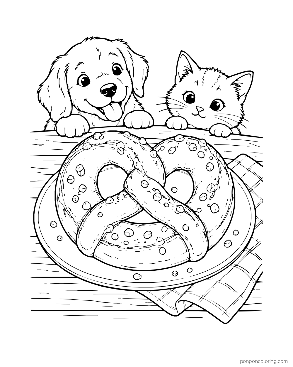 A puppy and kitten look over a large soft pretzel on a plate with a napkin.
