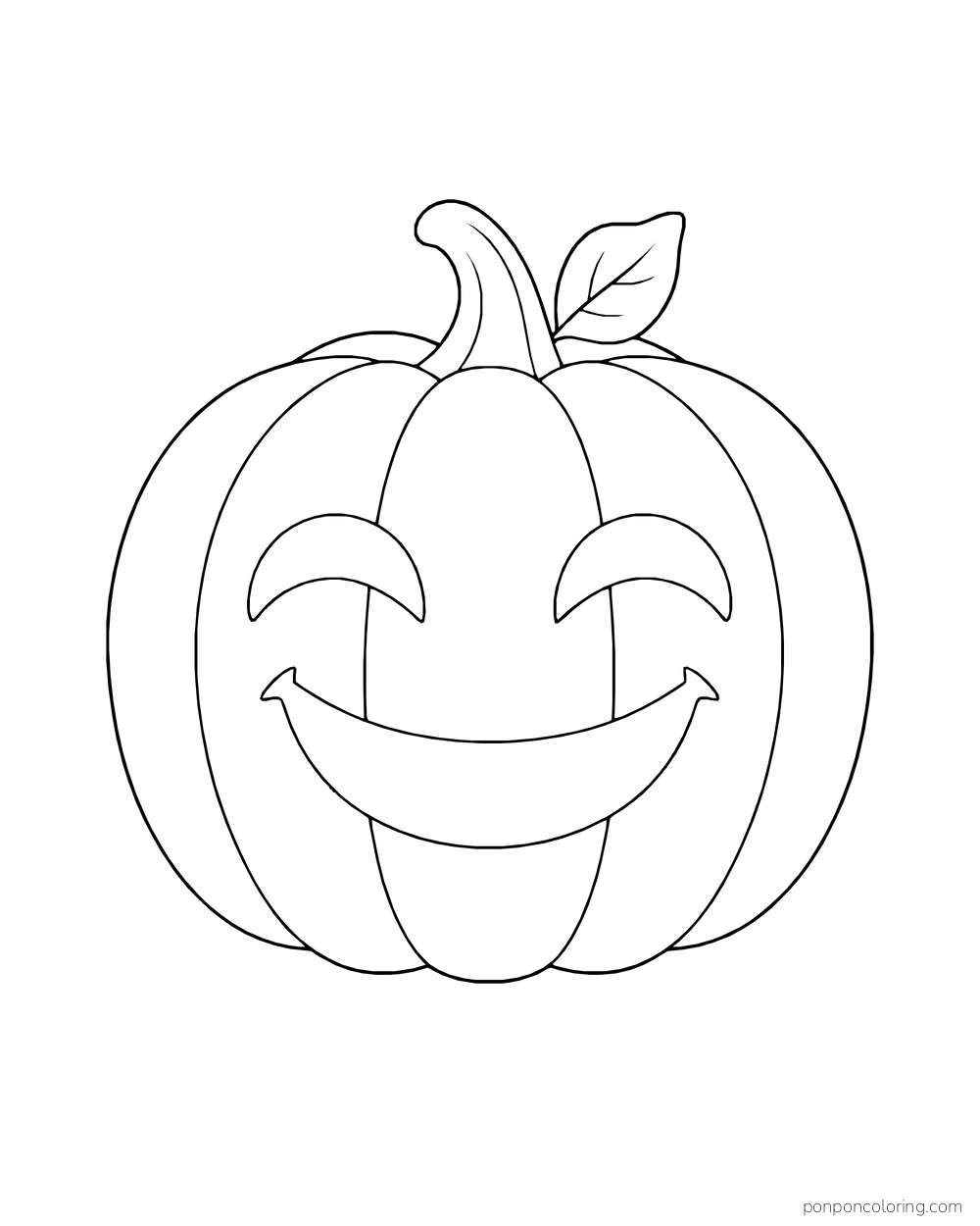 A round jack-o-lantern has crescent-shaped eyes, a wide smile, a curved stem and one leaf.