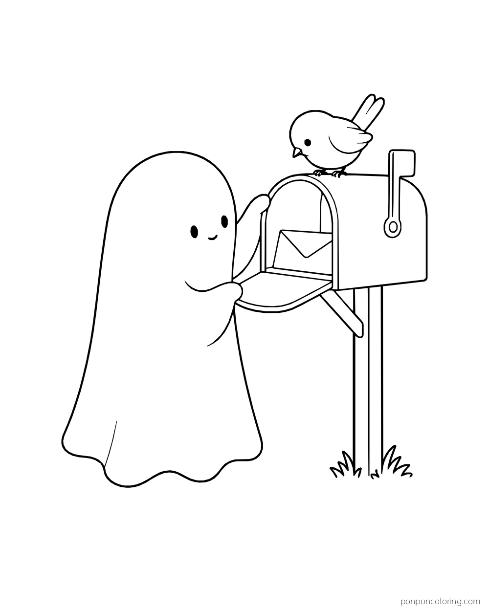 A ghost opens a mailbox while a small bird perches on top.