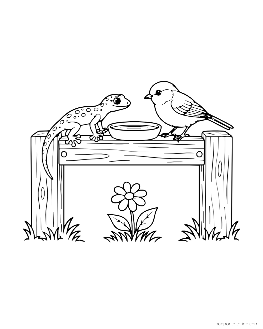 A gecko and a small bird face one another across a shallow water dish on a short wooden fence.