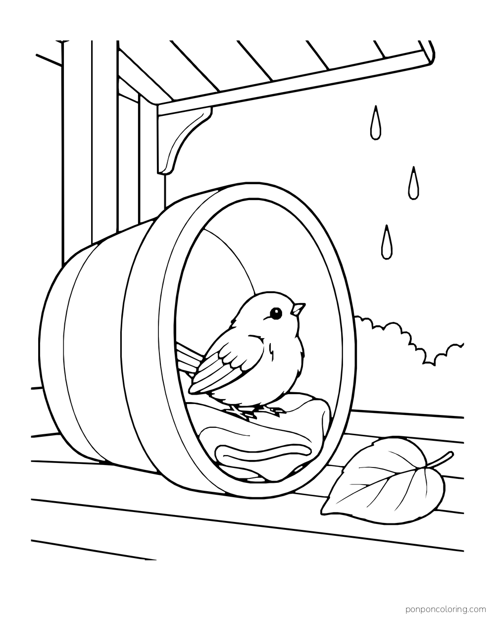 A small bird rests inside a tipped round planter on a rainy porch.