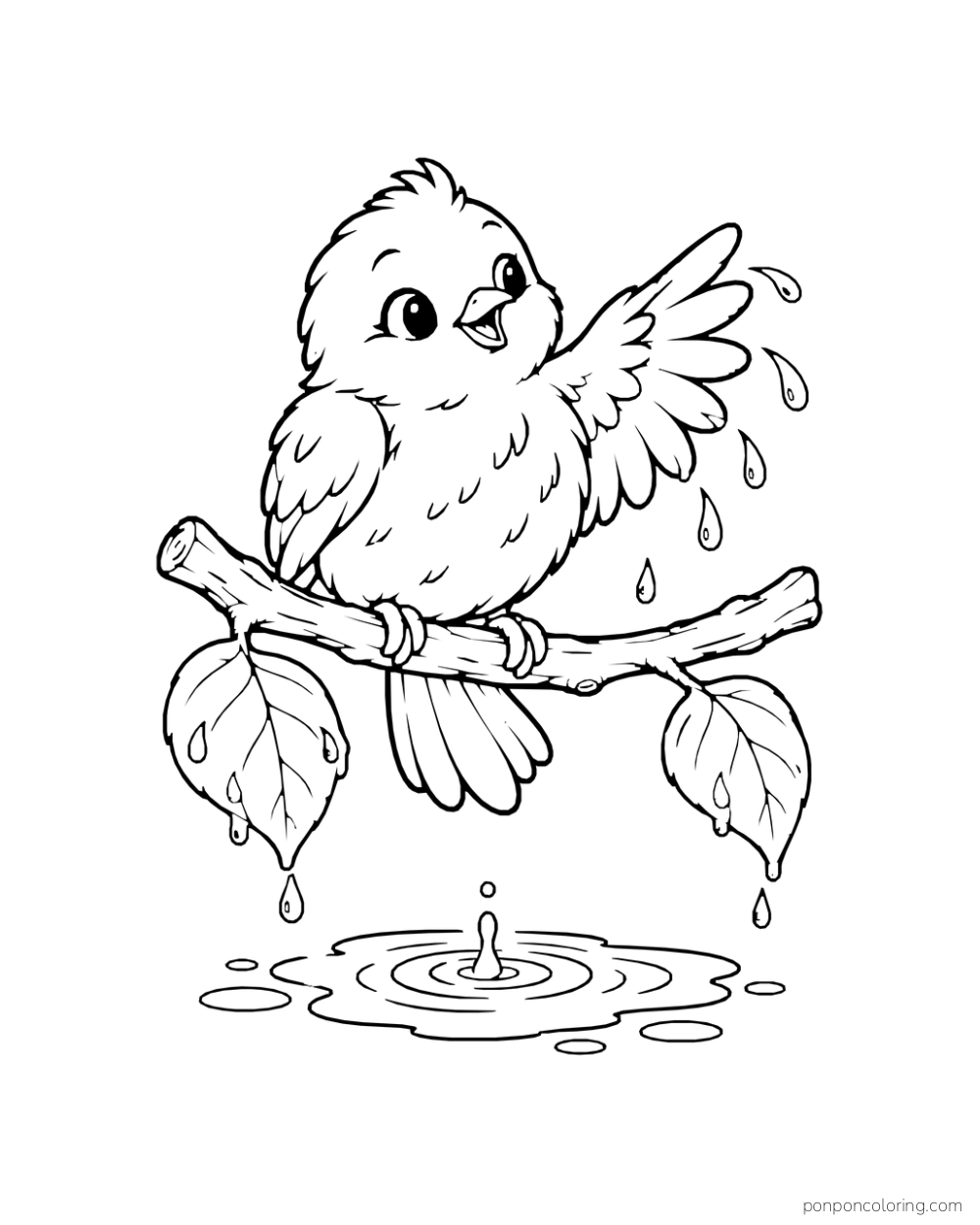 A small bird shakes raindrops from one wing while perched on a leafy branch.