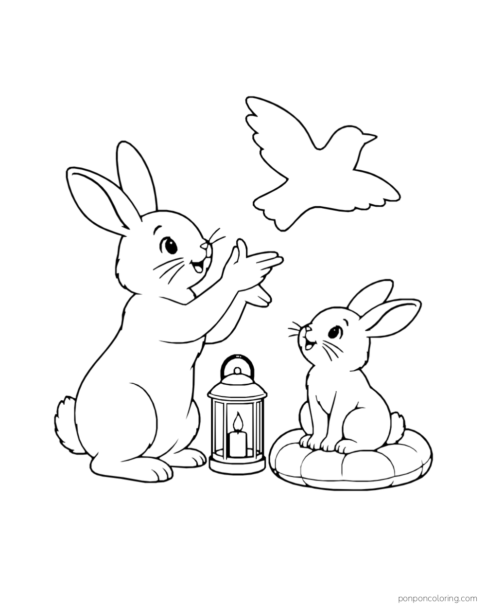A rabbit reaches toward a bird shape while a young rabbit watches beside a lantern.