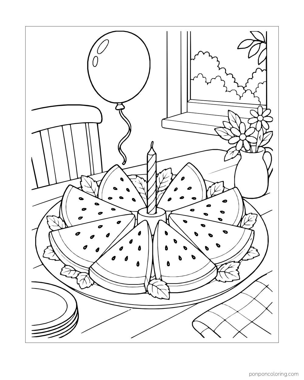 Watermelon wedges arranged around a candle on a birthday platter with a balloon and flowers.