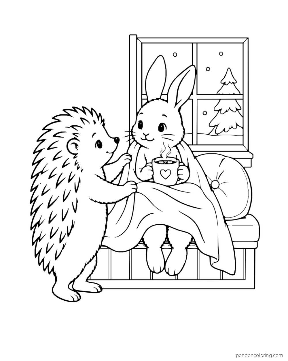 A hedgehog tucks a blanket around a rabbit holding a cocoa mug on a window seat.
