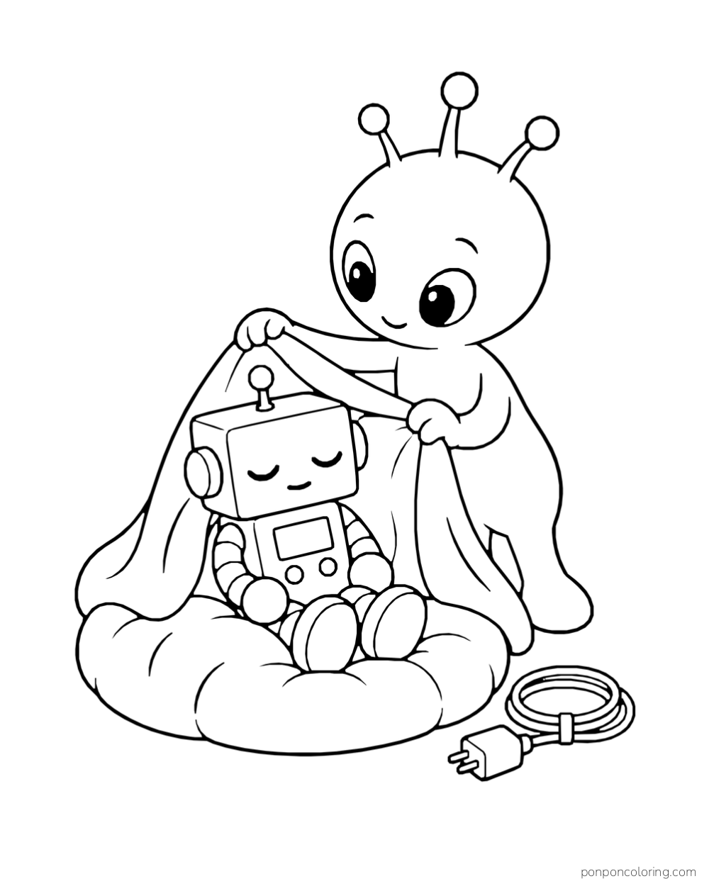 An antennaed alien tucks a small robot beneath a blanket.