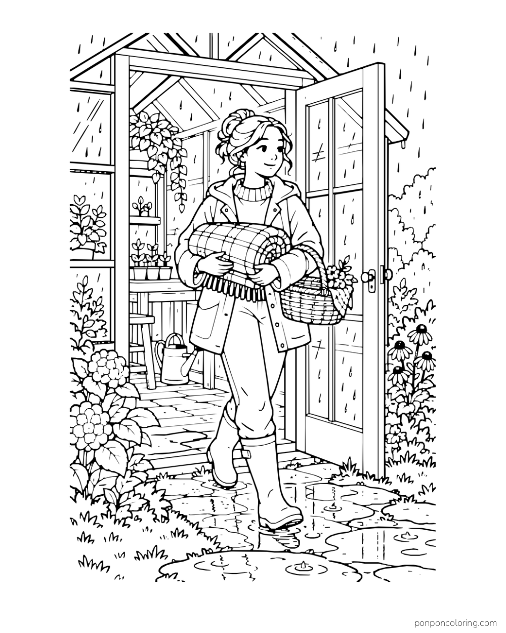 A person carries a folded blanket and basket from a greenhouse in the rain.