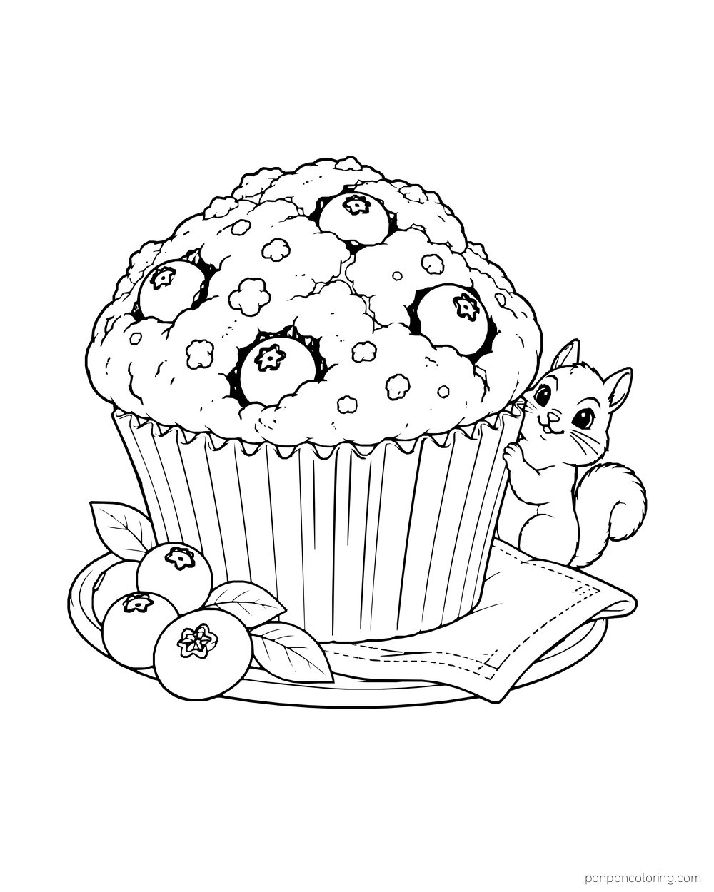 A large blueberry muffin sits beside a small squirrel and loose berries.