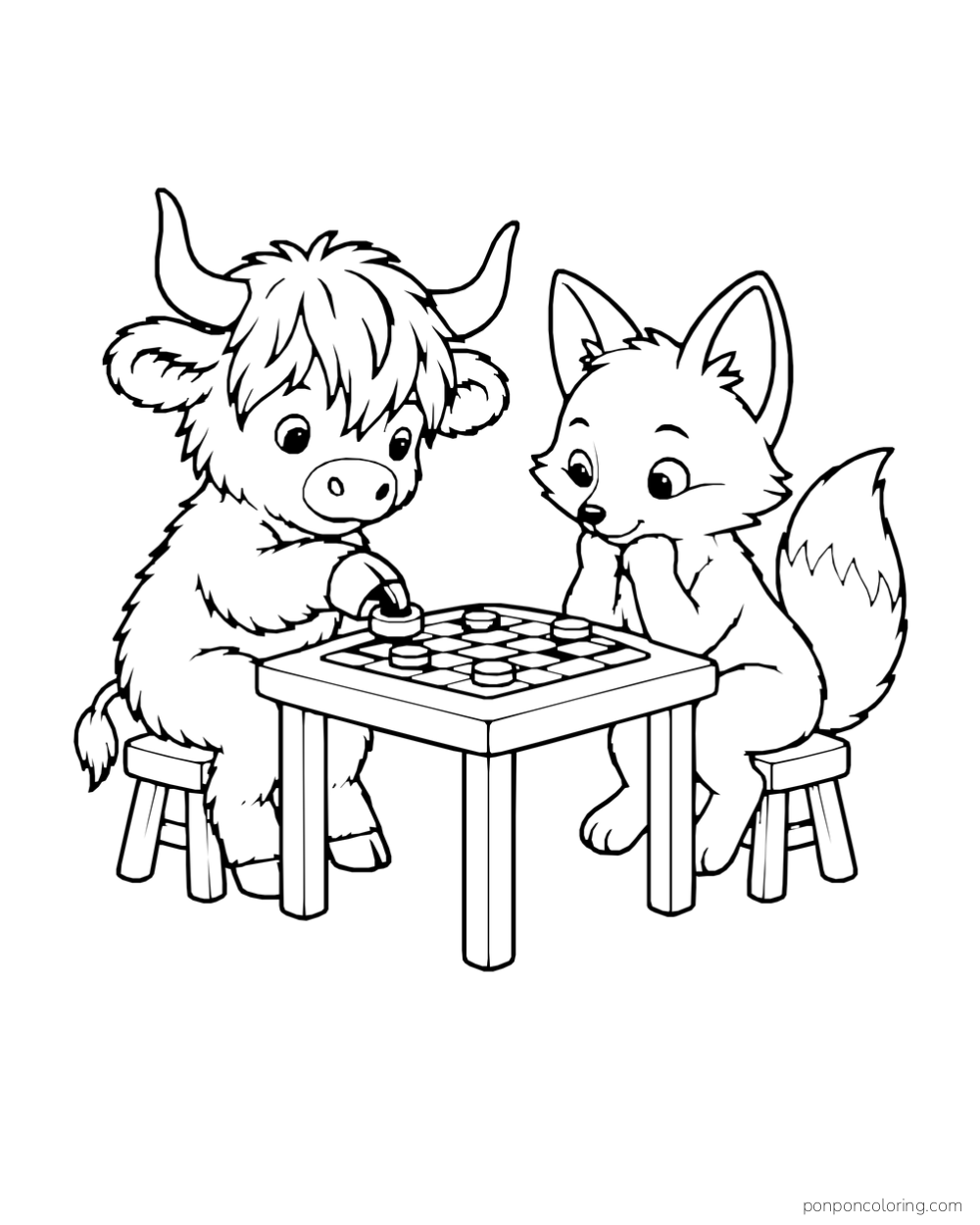 A shaggy Highland cow and a fox sit across a small board game.