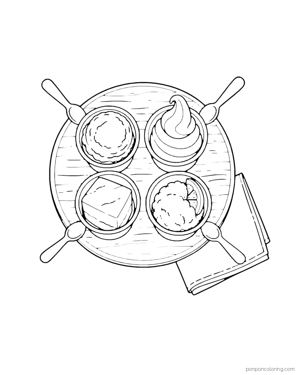 Four different ice cream cups and small spoons are arranged on a tasting board viewed from above.