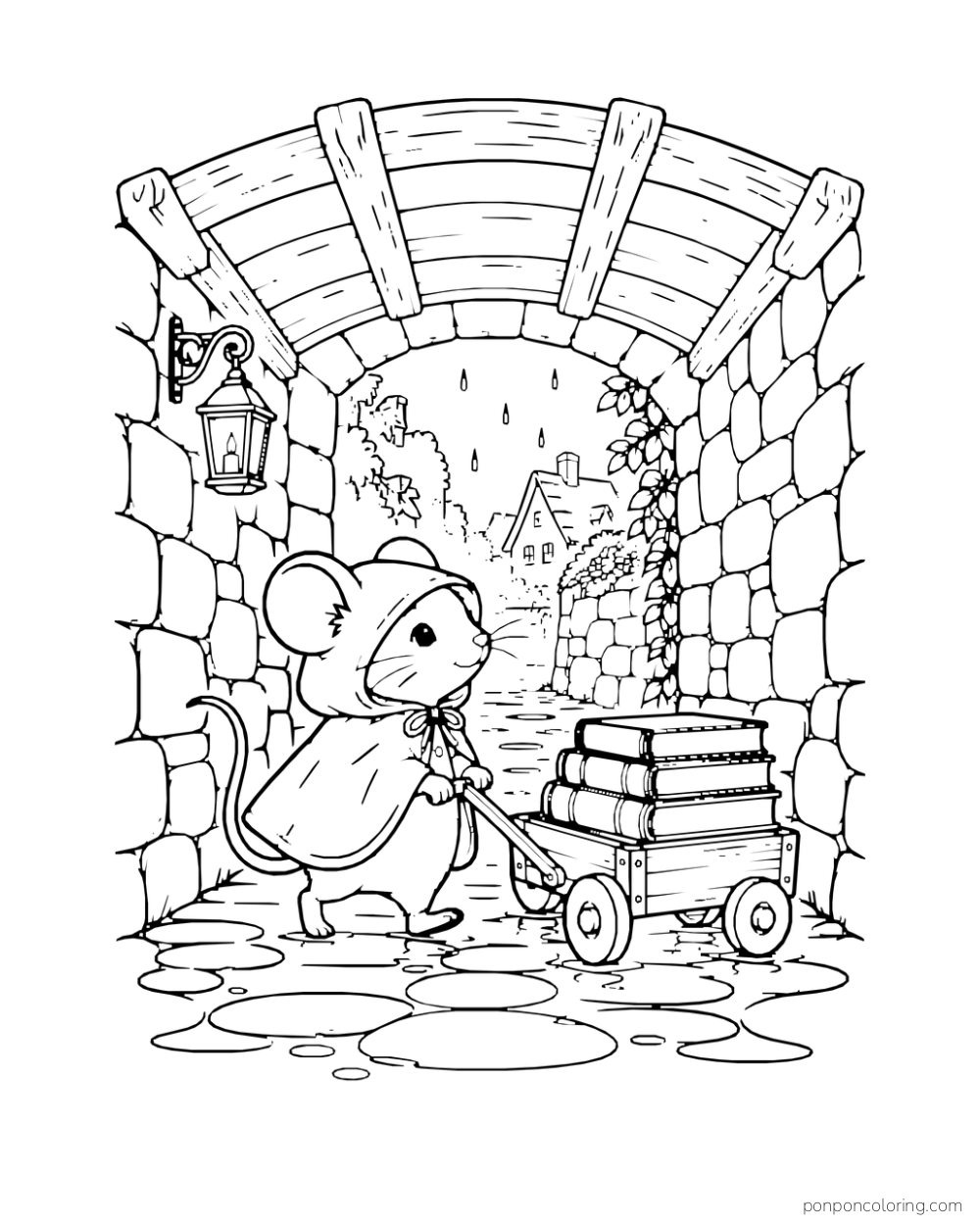 A mouse pulls a small cart of books through a covered stone passage.