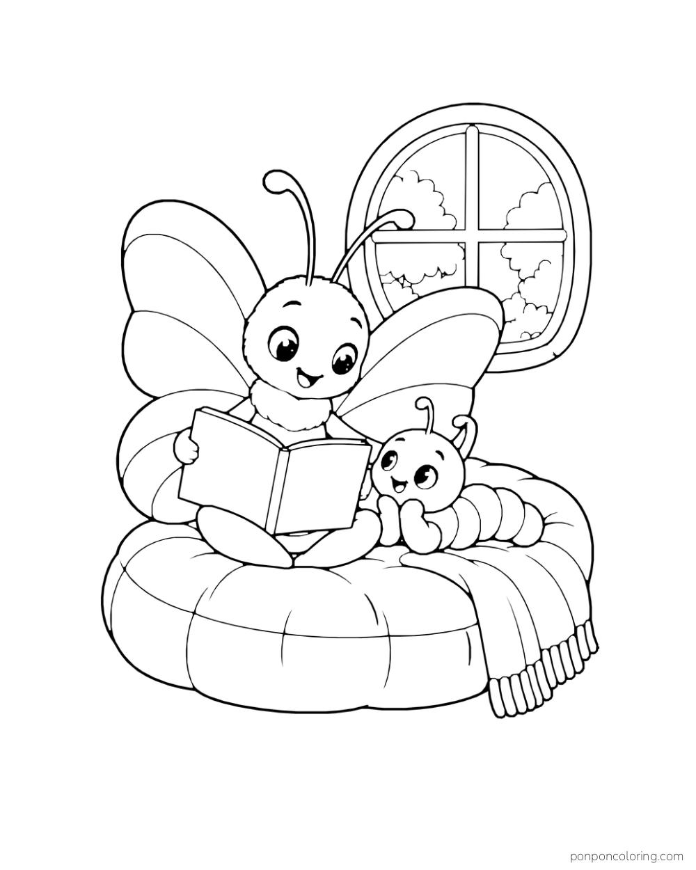 A butterfly holds an open blank book beside a caterpillar on a soft cushion near a round window.