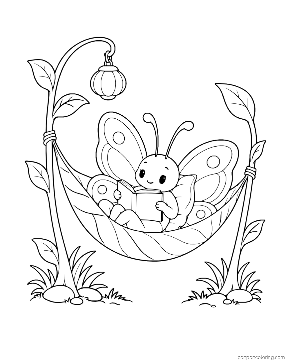 A butterfly reading an open book in a leaf hammock between two plant stems, with a lantern hanging above.