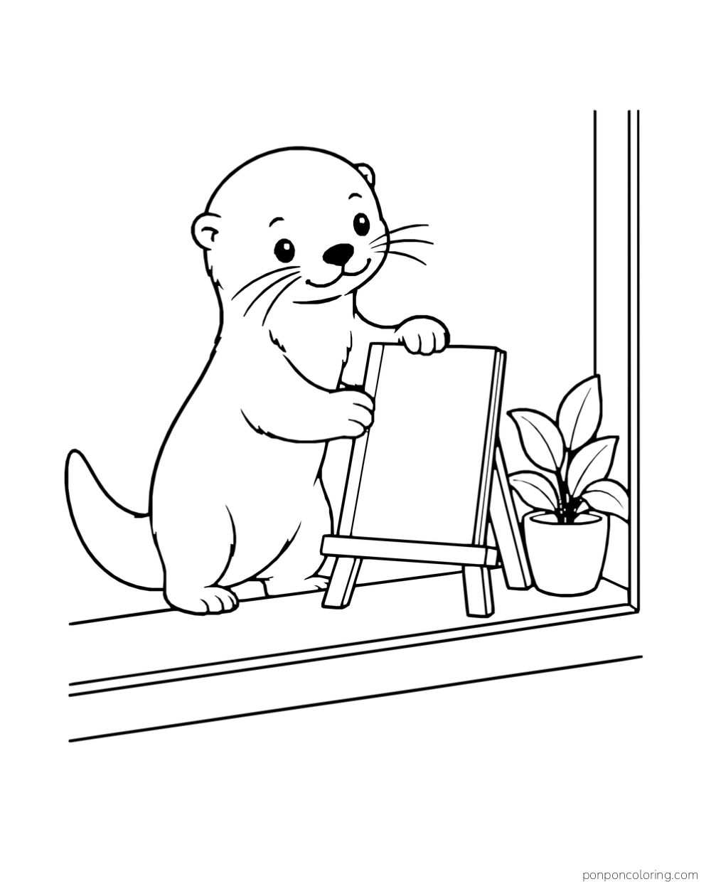 An otter setting a book on a small display stand beside a potted plant in a window.