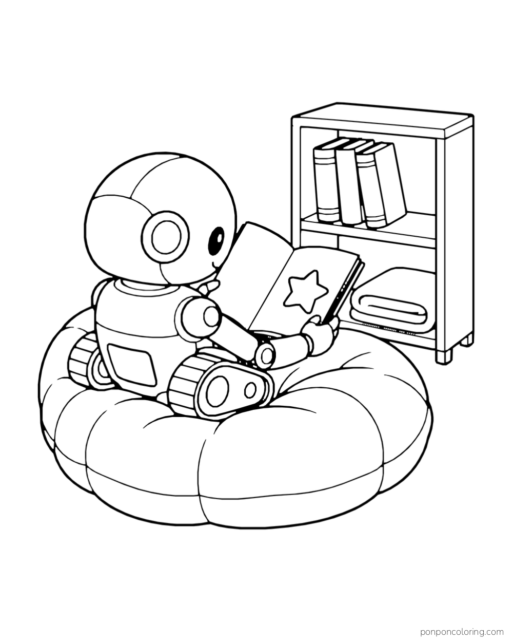 Tracked robot reading a picture book on a floor cushion.