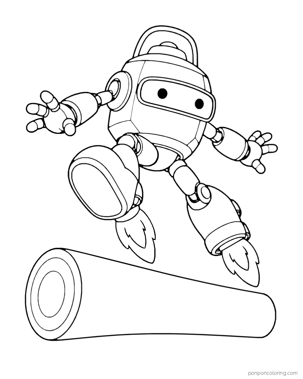 A robot leaps over a smooth log with its boosters.